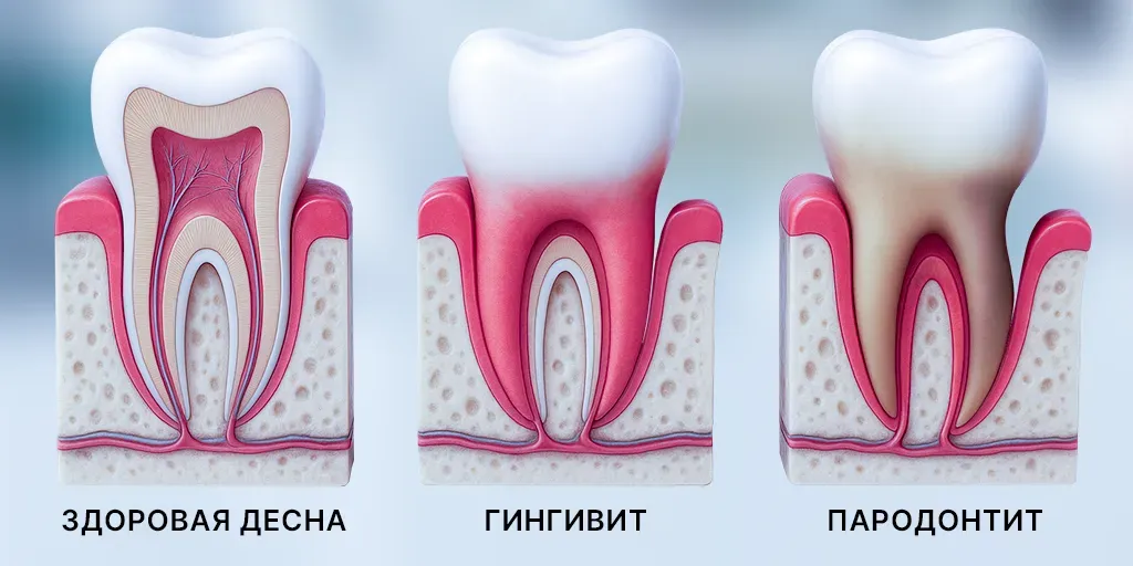 Здоровая десна, гингвит, пародонтит